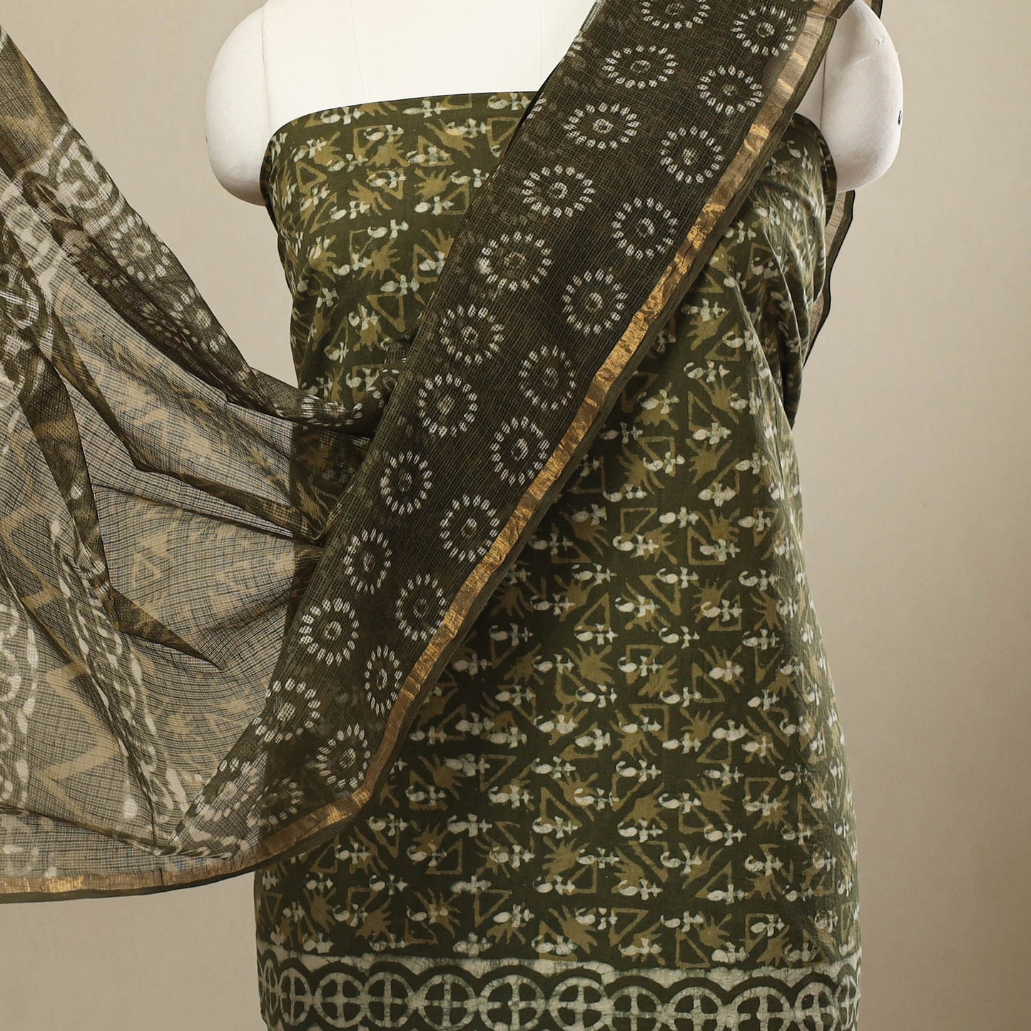 Buy 3pc Green Block Print Cotton Batik Dress Material