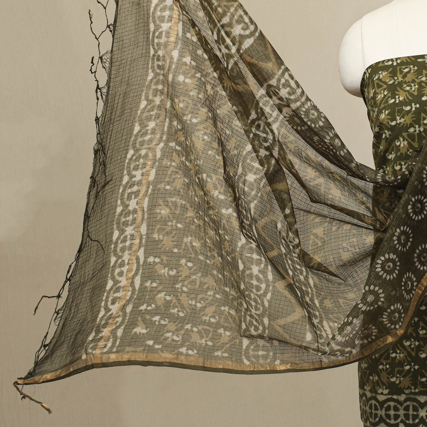 Buy 3pc Green Block Print Cotton Batik Dress Material