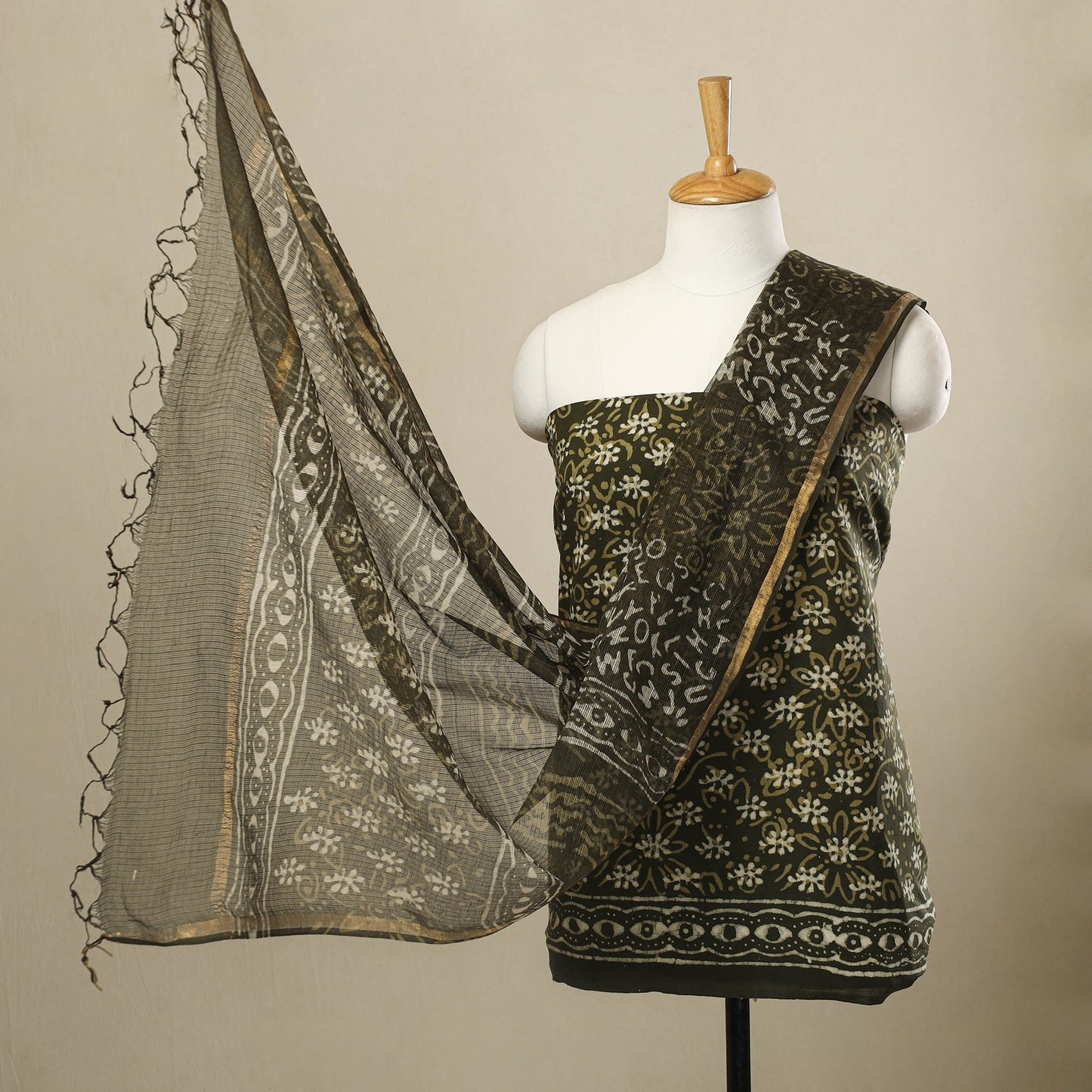 Buy 3pc Green Block Print Cotton Batik Dress Material