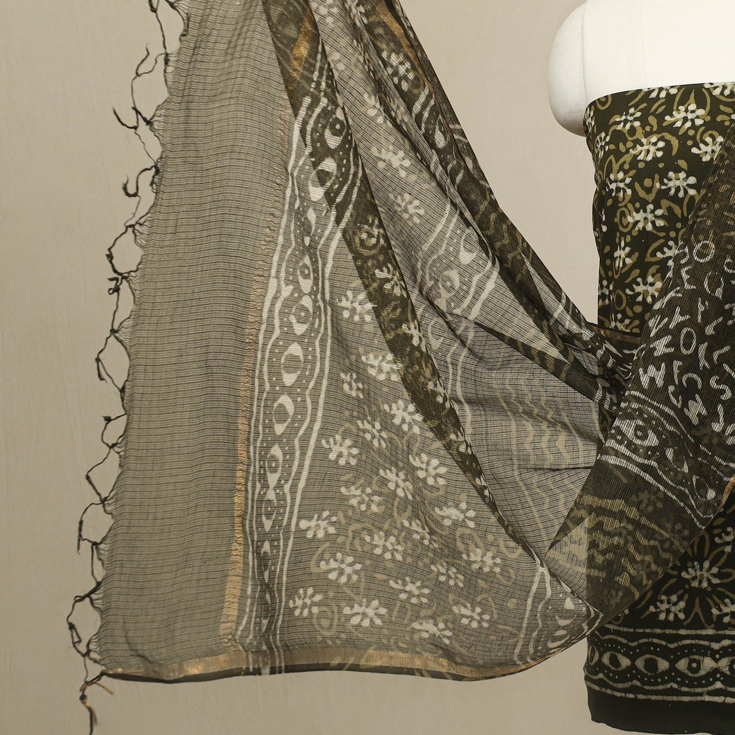 Buy 3pc Green Block Print Cotton Batik Dress Material