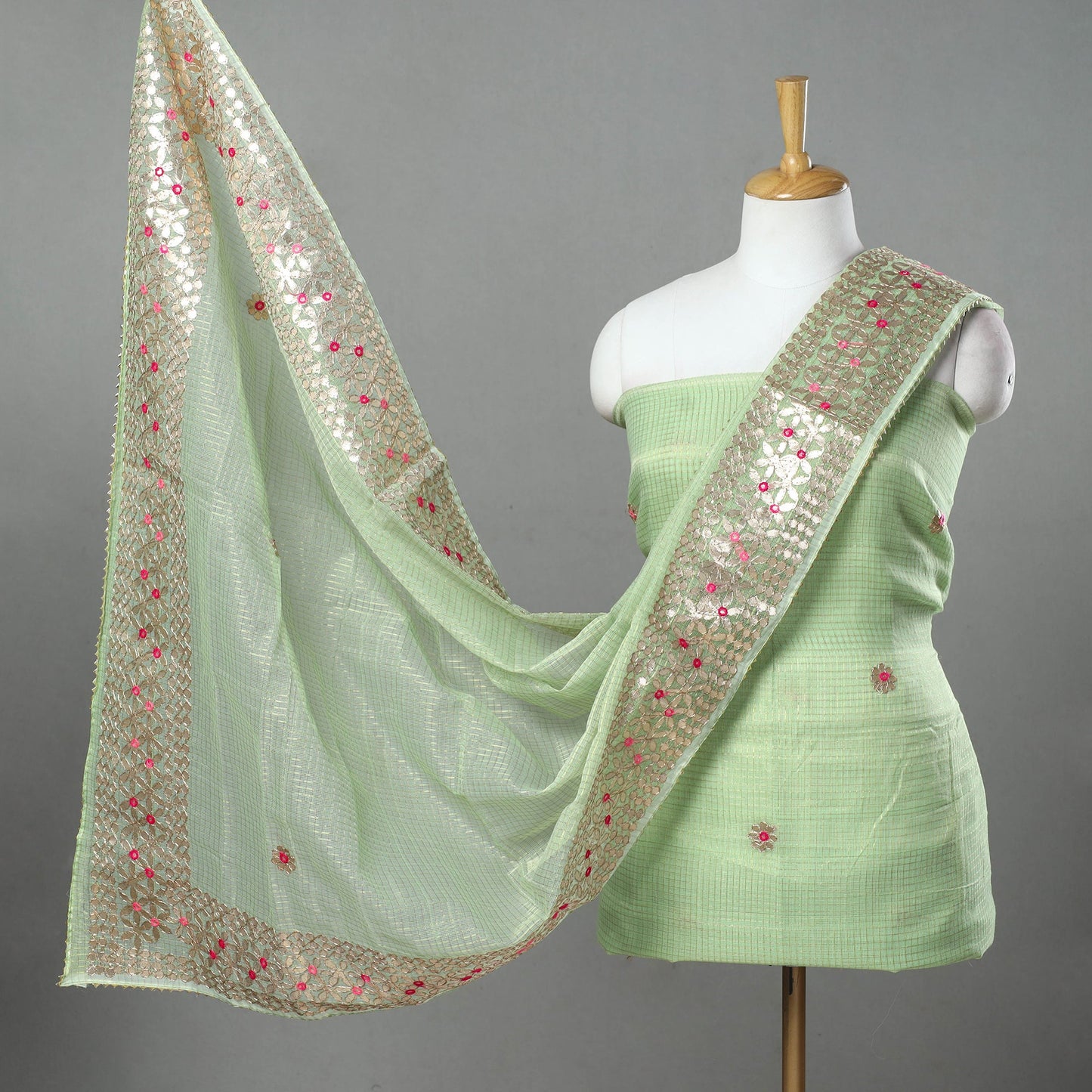 Green - 3pc Cotton Gota Patti Work Kota Doria Dress Material