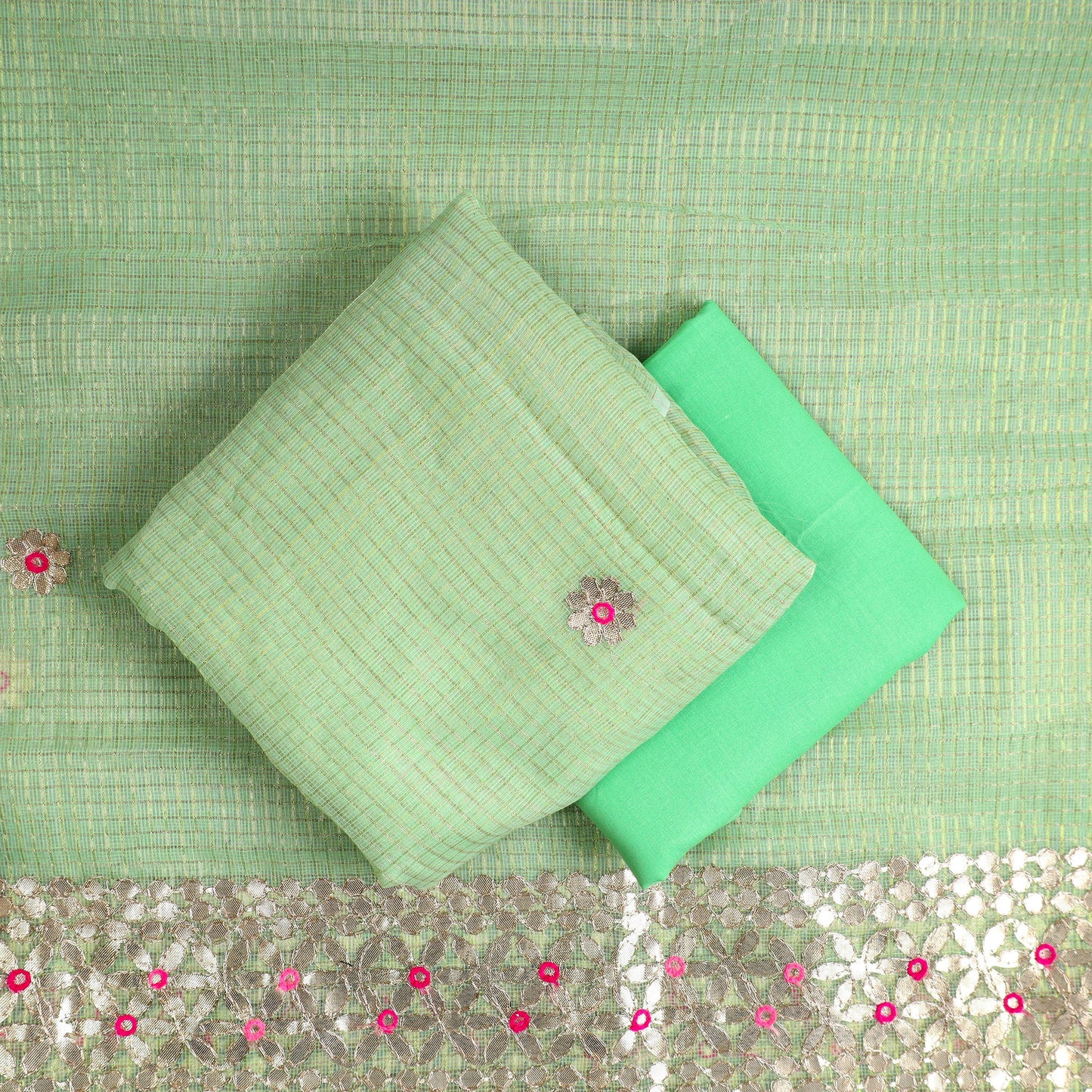 Green - 3pc Cotton Gota Patti Work Kota Doria Dress Material