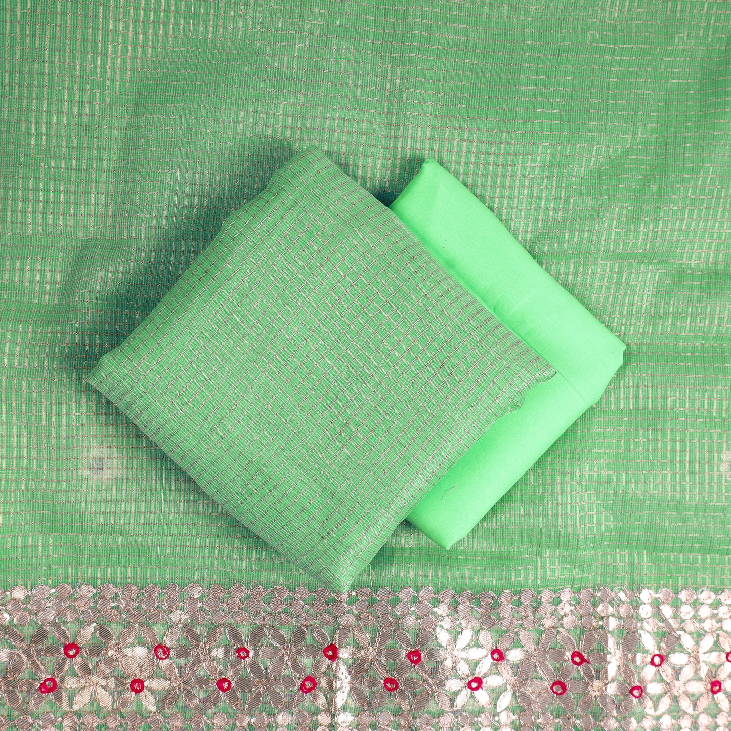 Green 3pc Cotton Gota Patti Work Kota Doria Dress Material