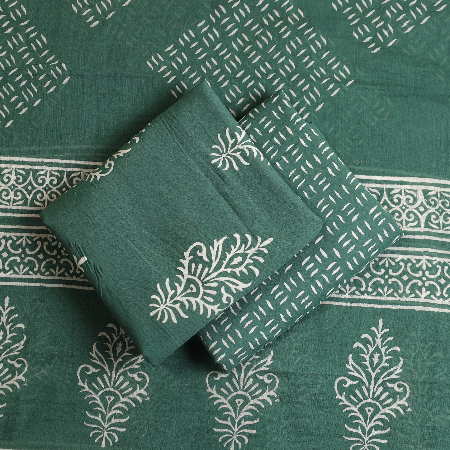 Buy 3pc Cotton Green Jaipur Print Dress Material