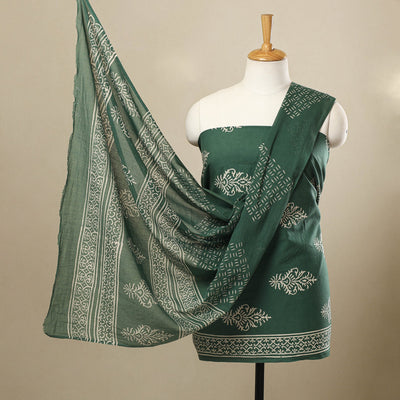 Buy 3pc Cotton Green Jaipur Print Dress Material