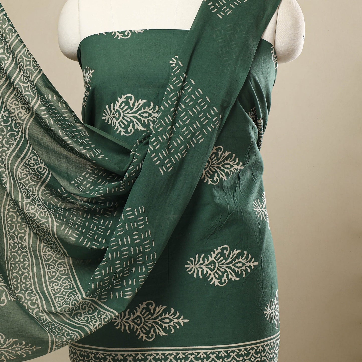 Buy 3pc Cotton Green Jaipur Print Dress Material