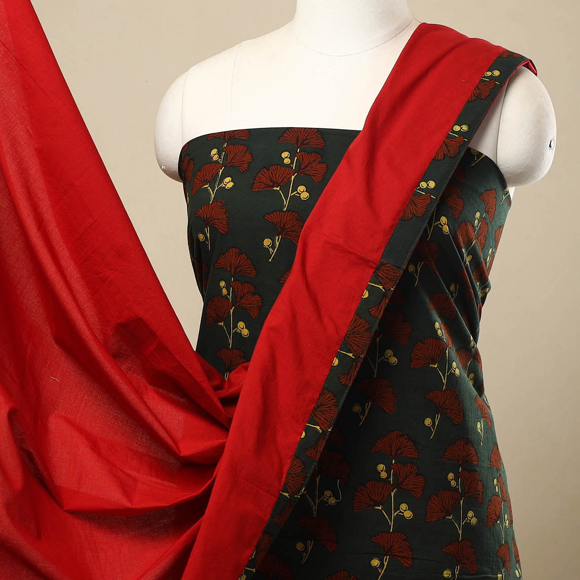 3pc Cotton Green Ajrakh Print Kurta with Plain Dupatta