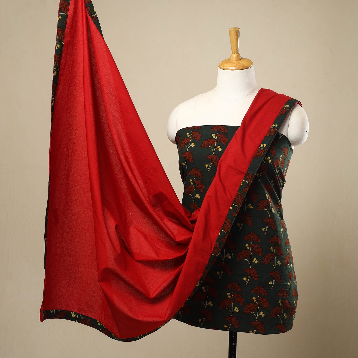 3pc Cotton Green Ajrakh Print Kurta with Plain Dupatta