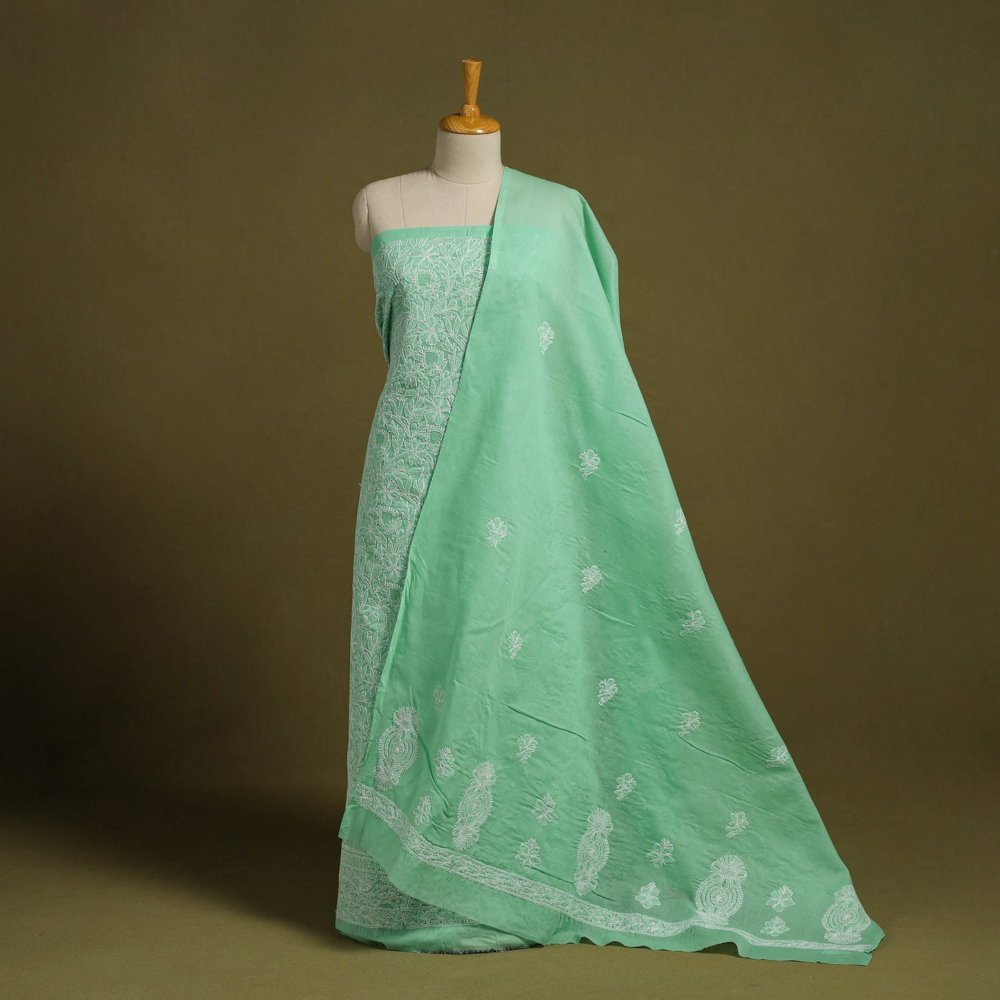 Green 3pc Cotton Lucknow Embroidery Chikankari Dress Material