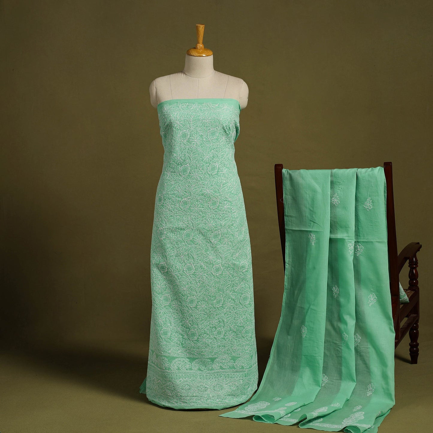 Buy Green 3pc Cotton Lucknow Embroidery Chikankari Dress Material