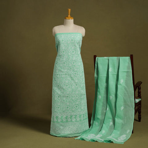  Green 3pc Cotton Lucknow Embroidery Chikankari Dress Material