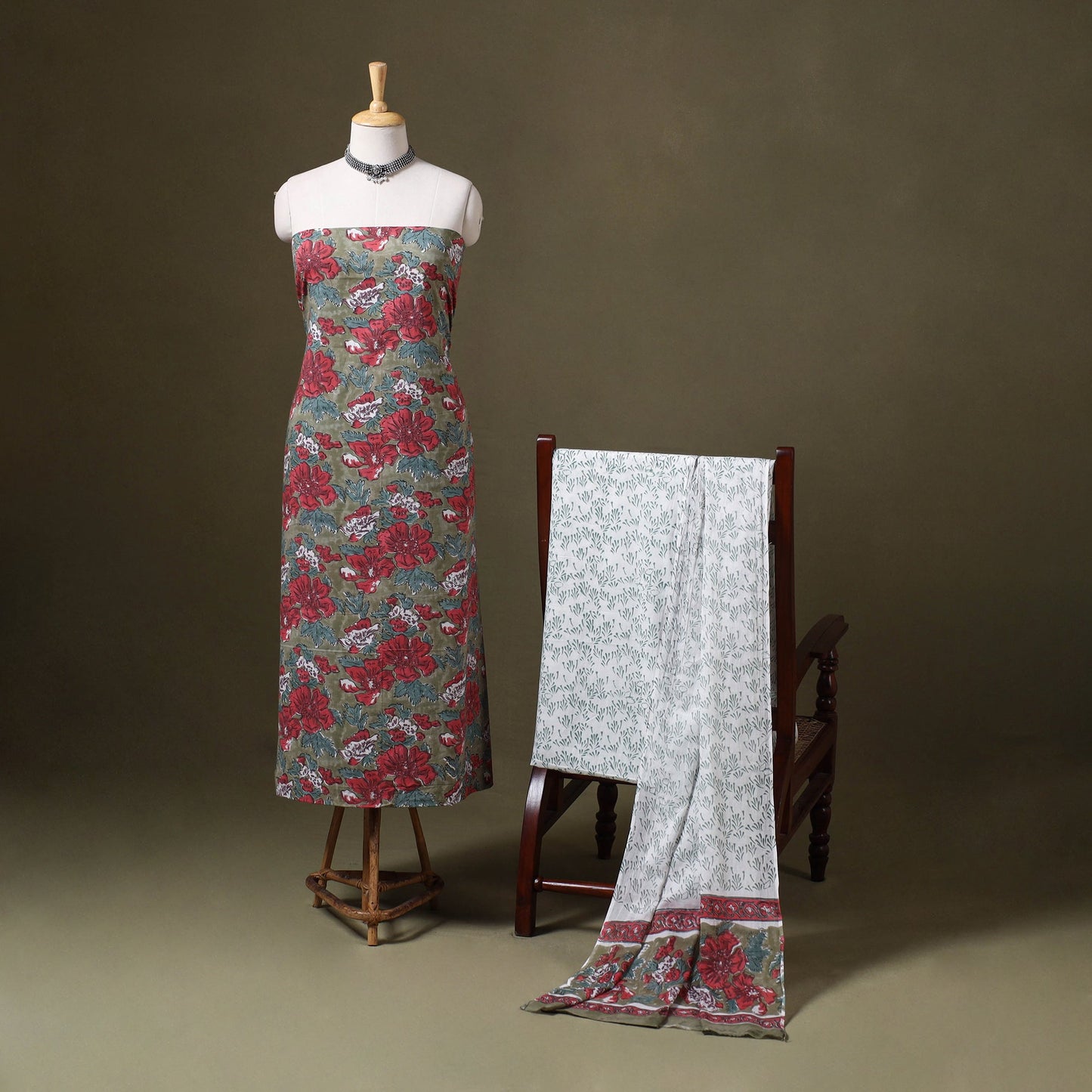 Green 3pc Block Print Cotton Sanganeri Dress Material