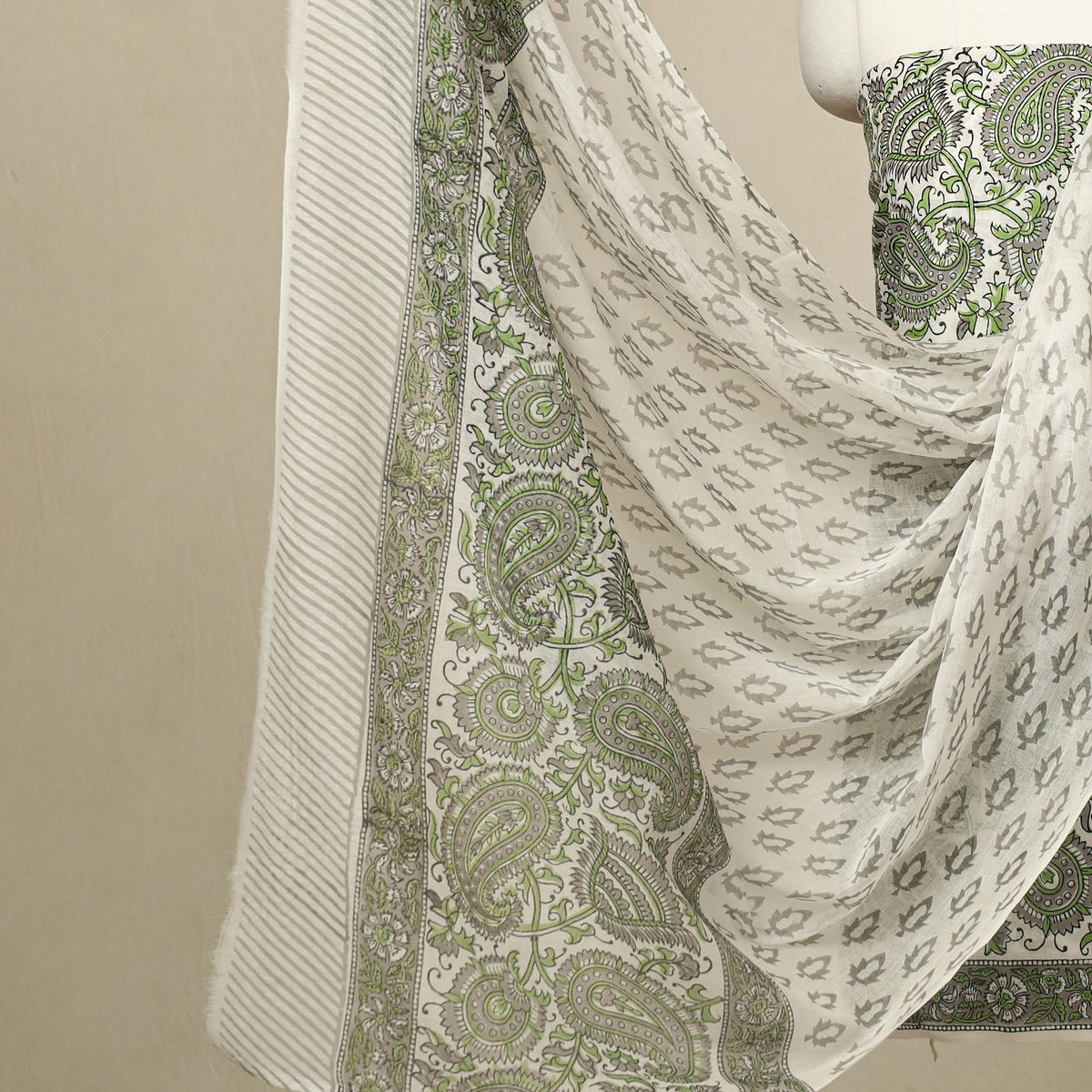  3pc Cotton Green Sanganeri Print Dress Material