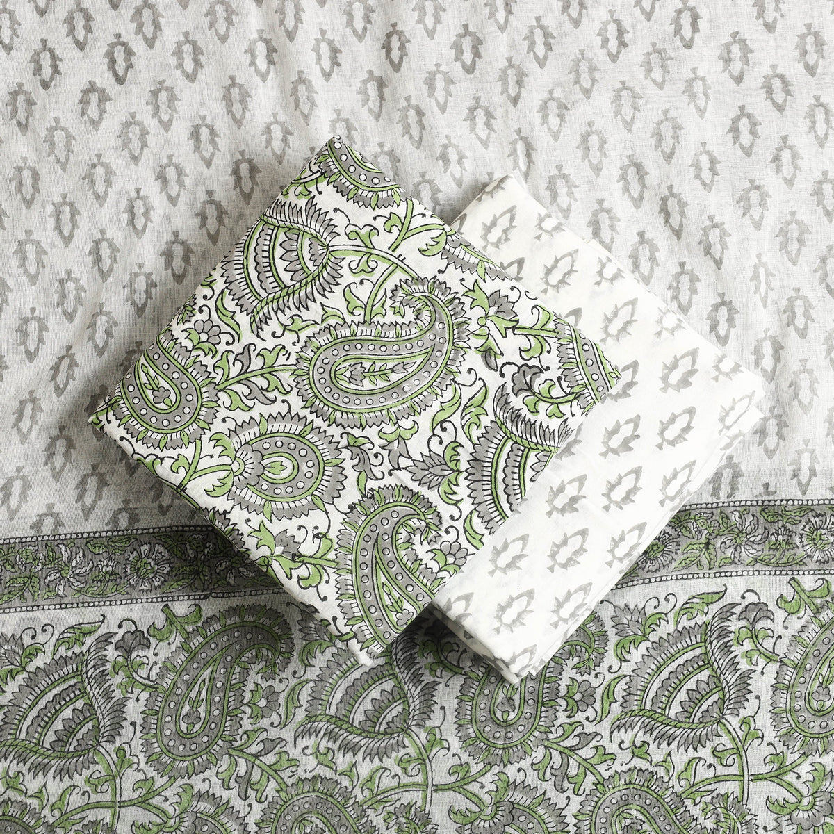  3pc Cotton Green Sanganeri Print Dress Material