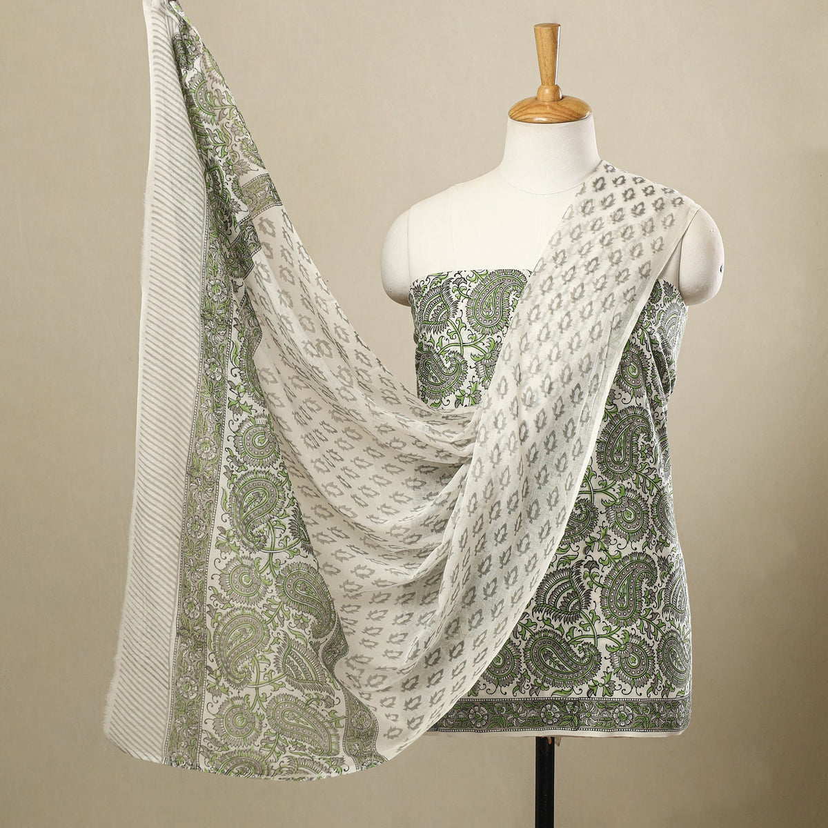  3pc Cotton Green Sanganeri Print Dress Material