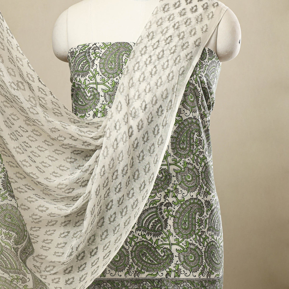  3pc Cotton Green Sanganeri Print Dress Material