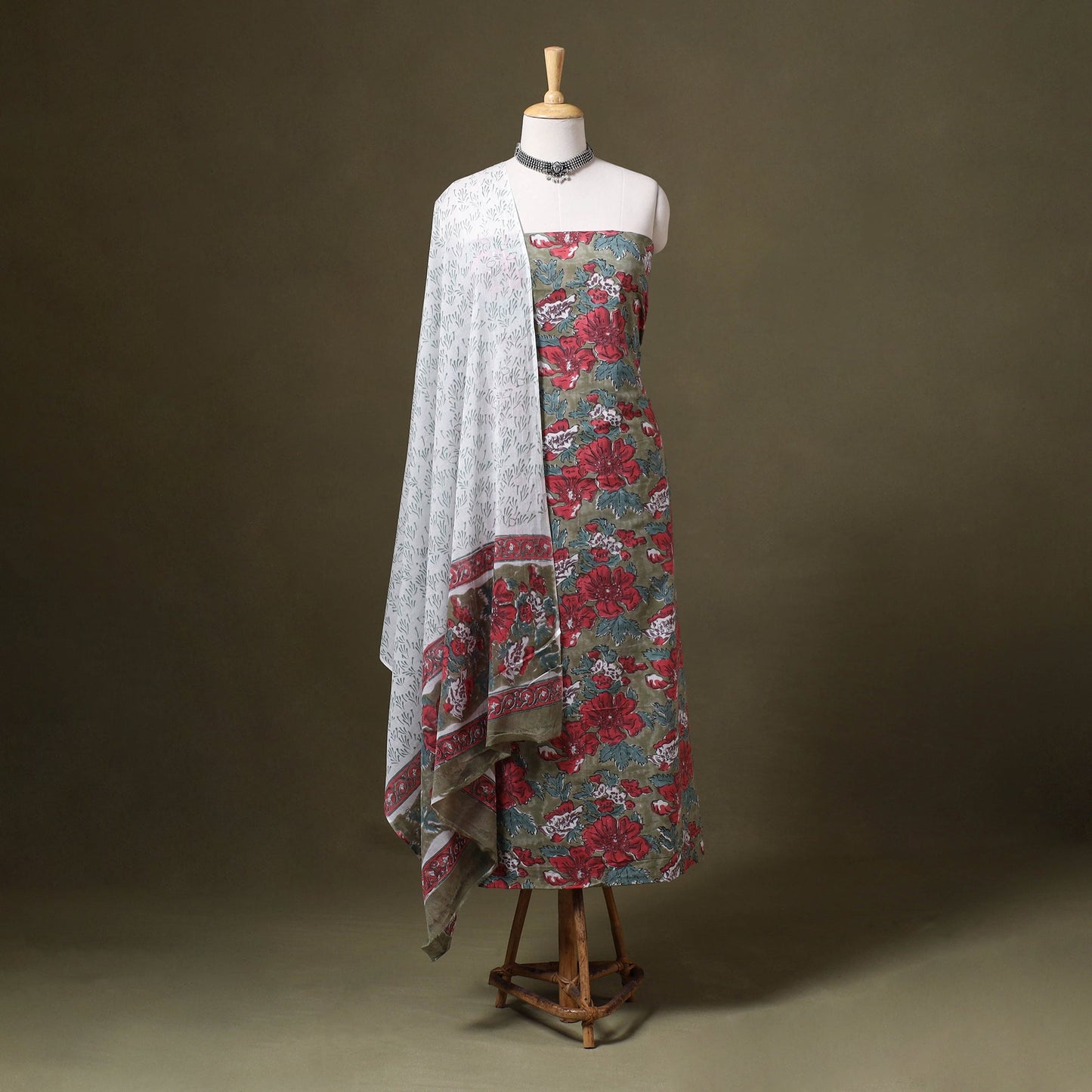 Green 3pc Block Print Cotton Sanganeri Dress Material