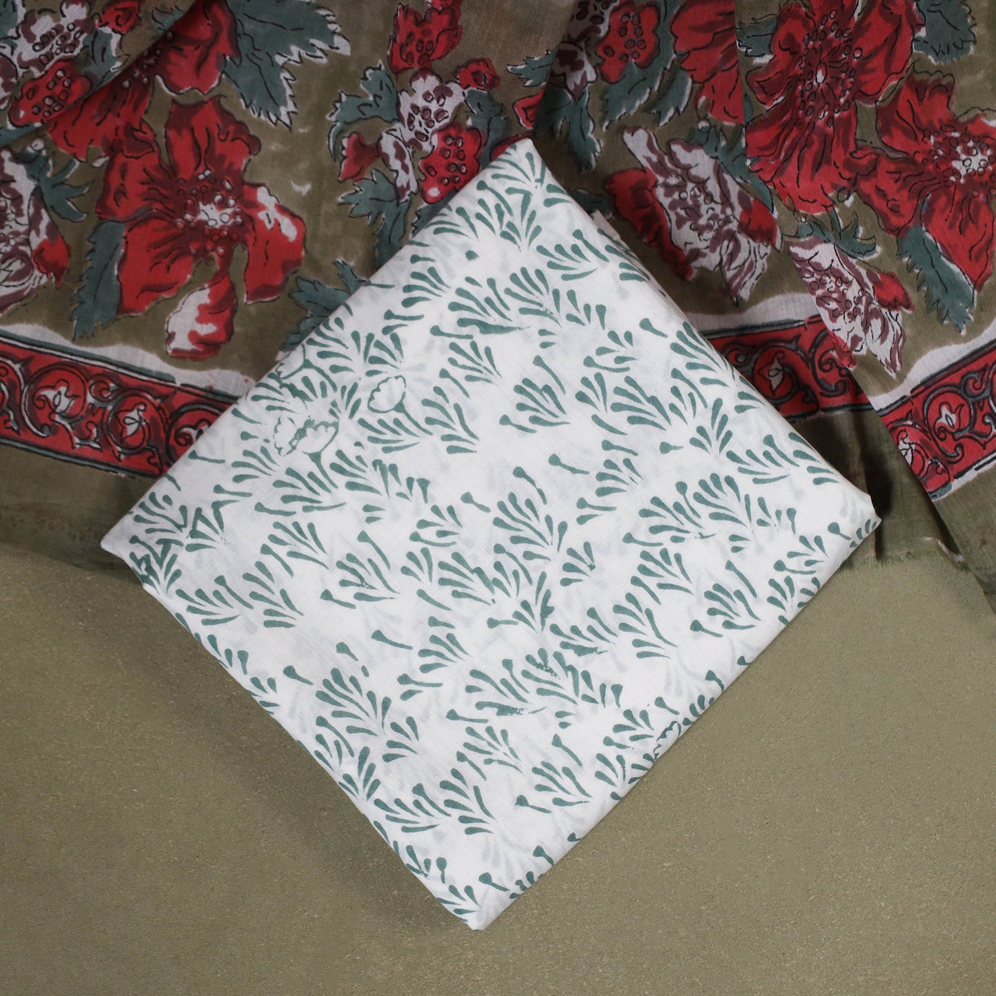 Green 3pc Block Print Cotton Sanganeri Dress Material