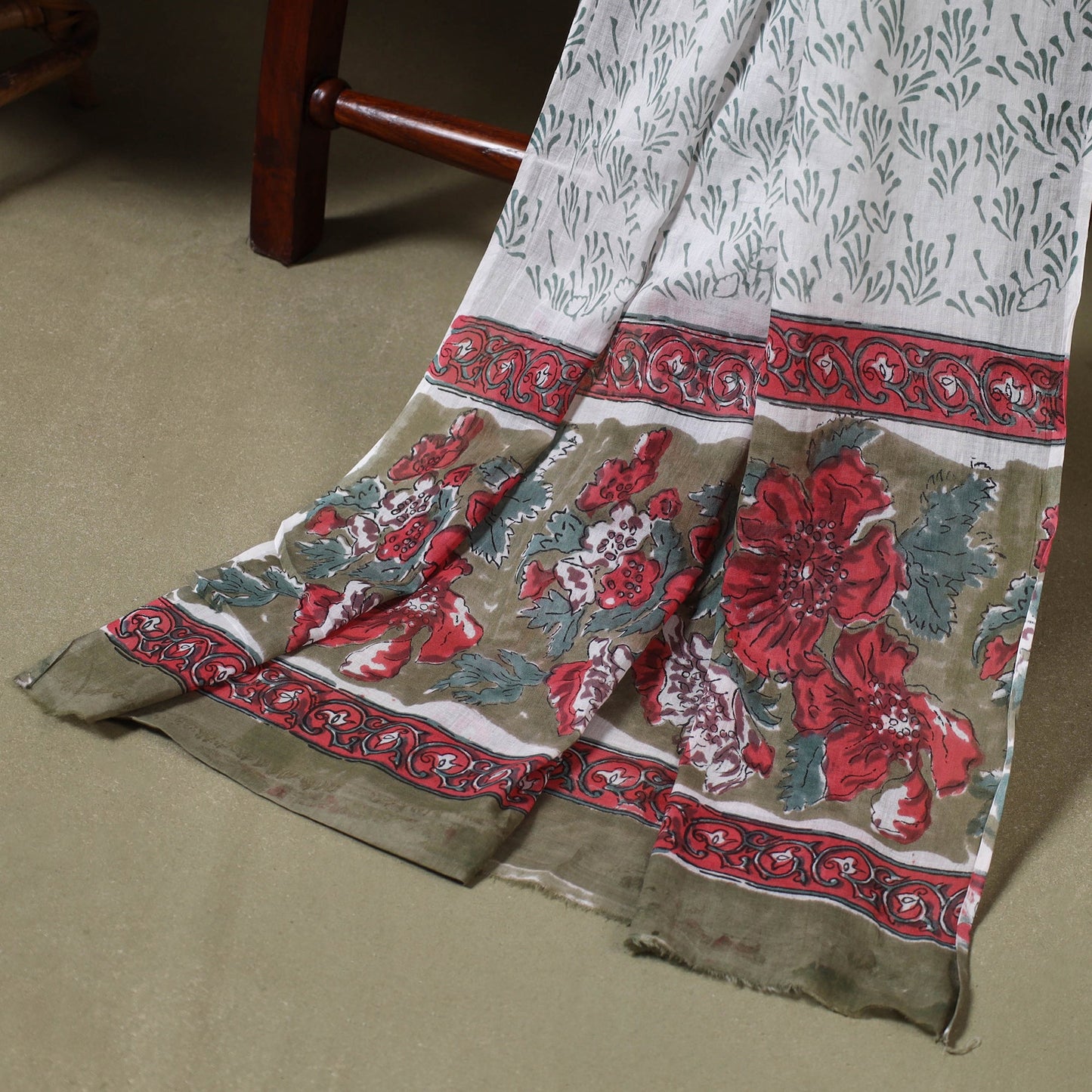 Green 3pc Block Print Cotton Sanganeri Dress Material