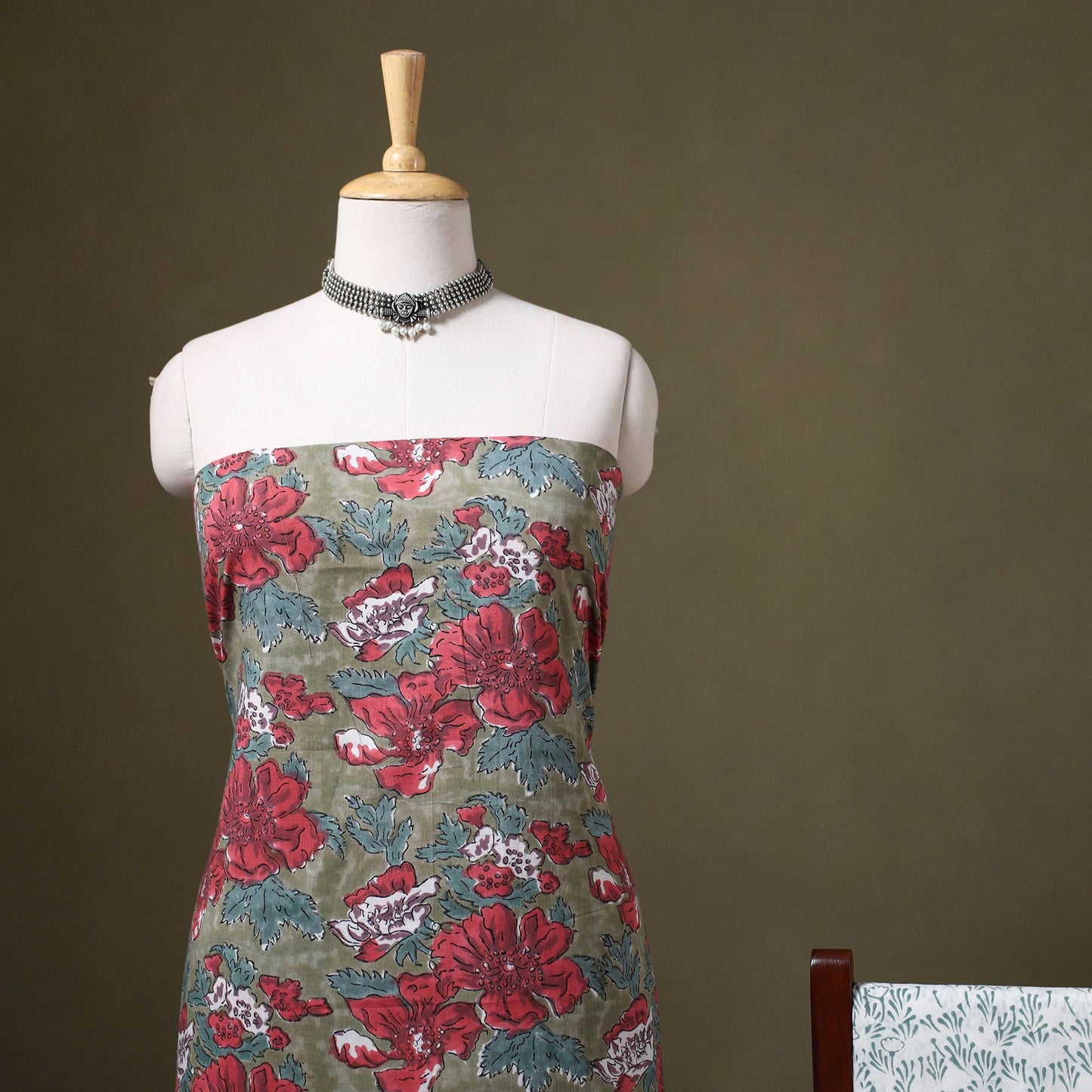 Green 3pc Block Print Cotton Sanganeri Dress Material