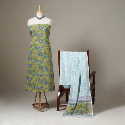 Green - 3pc cotton sanganeri unstitched dress material 11