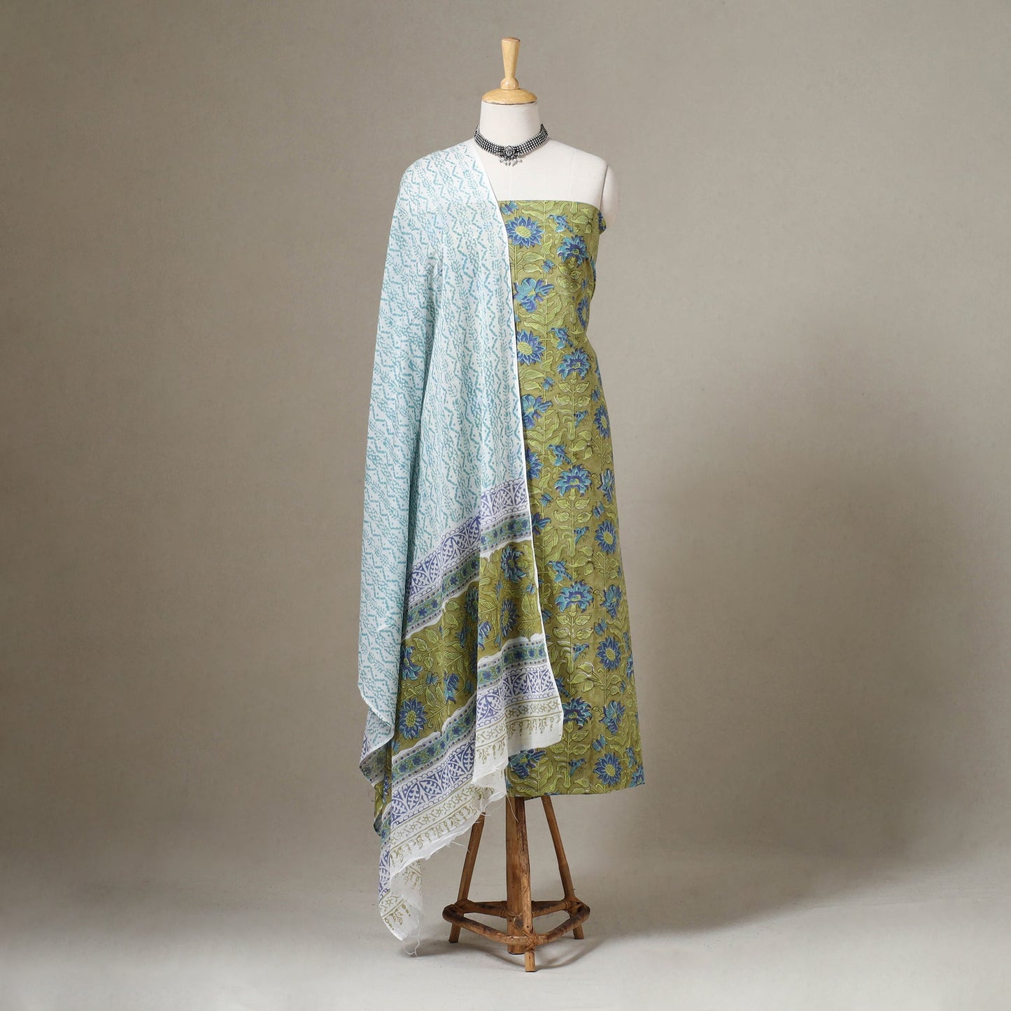 Green - 3pc cotton sanganeri unstitched dress material 11