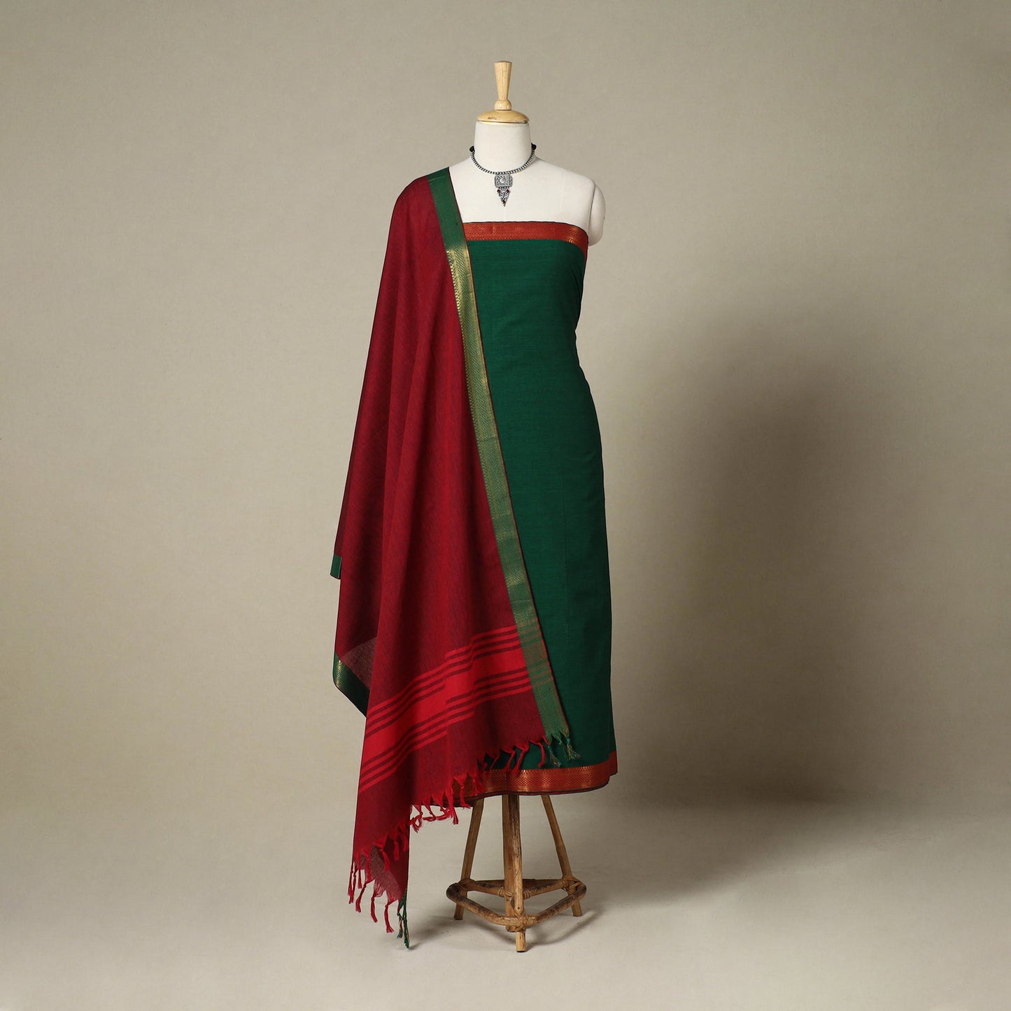 Green 3pc Cotton Unstitched Dharwad Dress Material