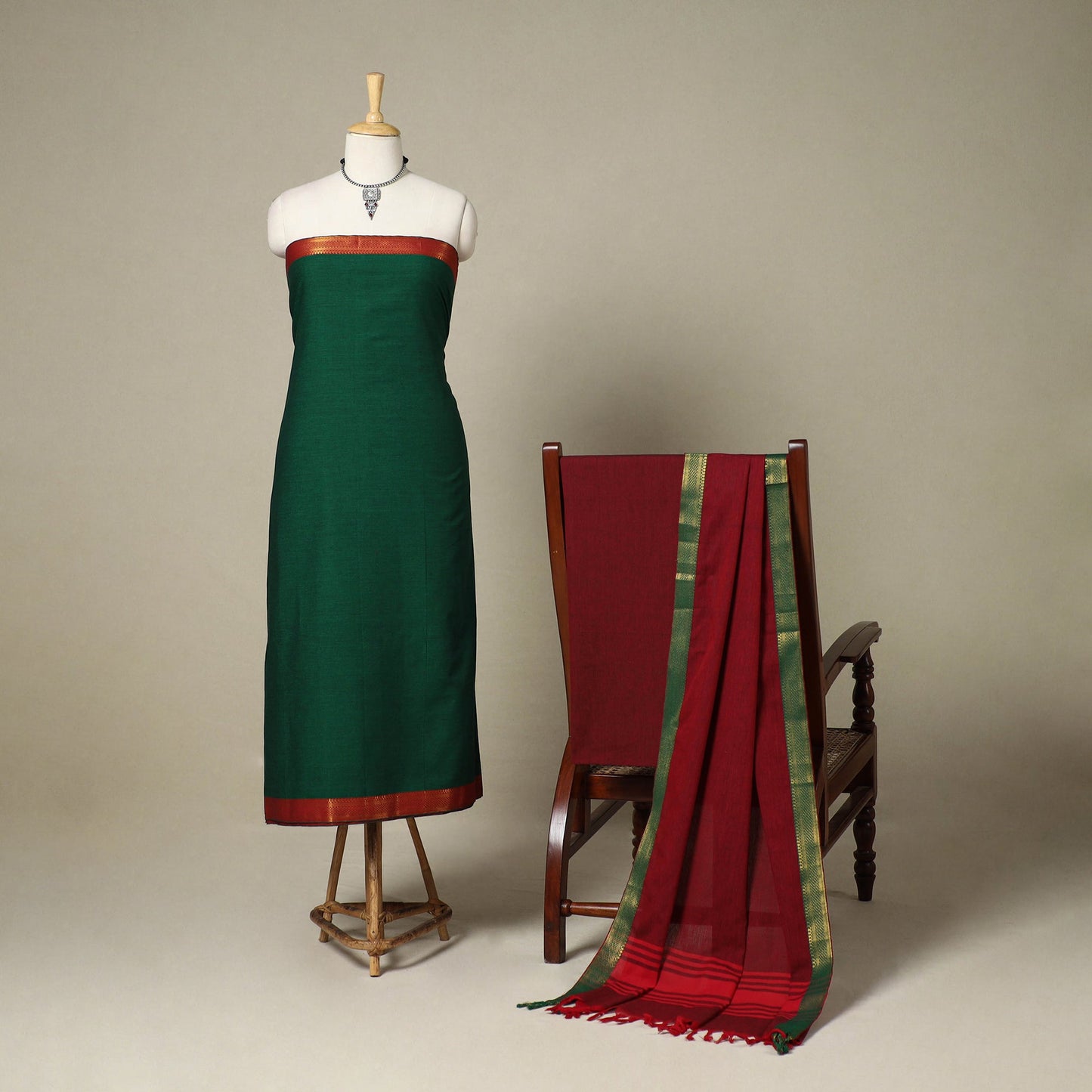 Green 3pc Cotton Unstitched Dharwad Dress Material