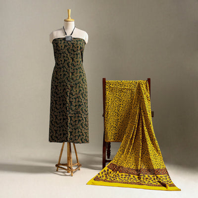 Green 3pc Block Print Cotton Ajrakh Dress Material