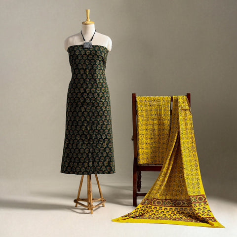 Green 3pc Block Print Cotton Ajrakh Dress Material
