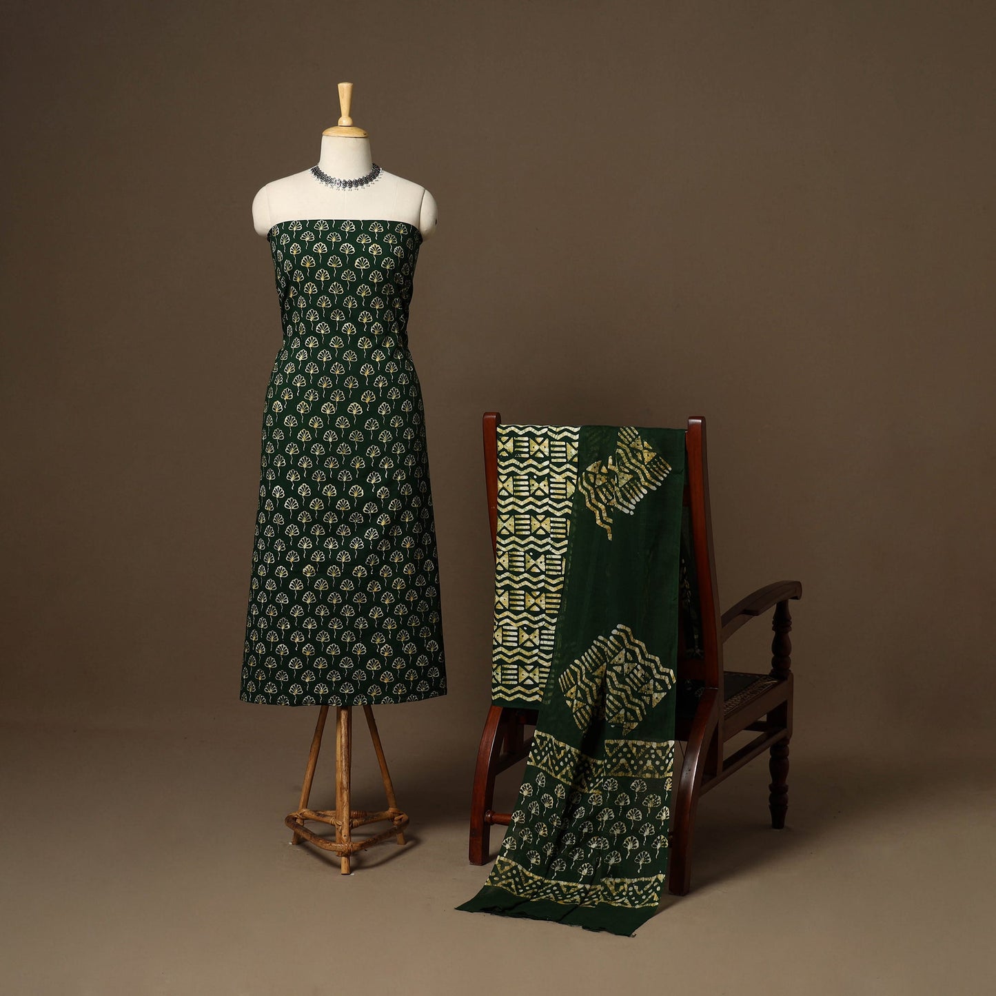 Green - 3pc cotton unstitched hand batik dress material 03