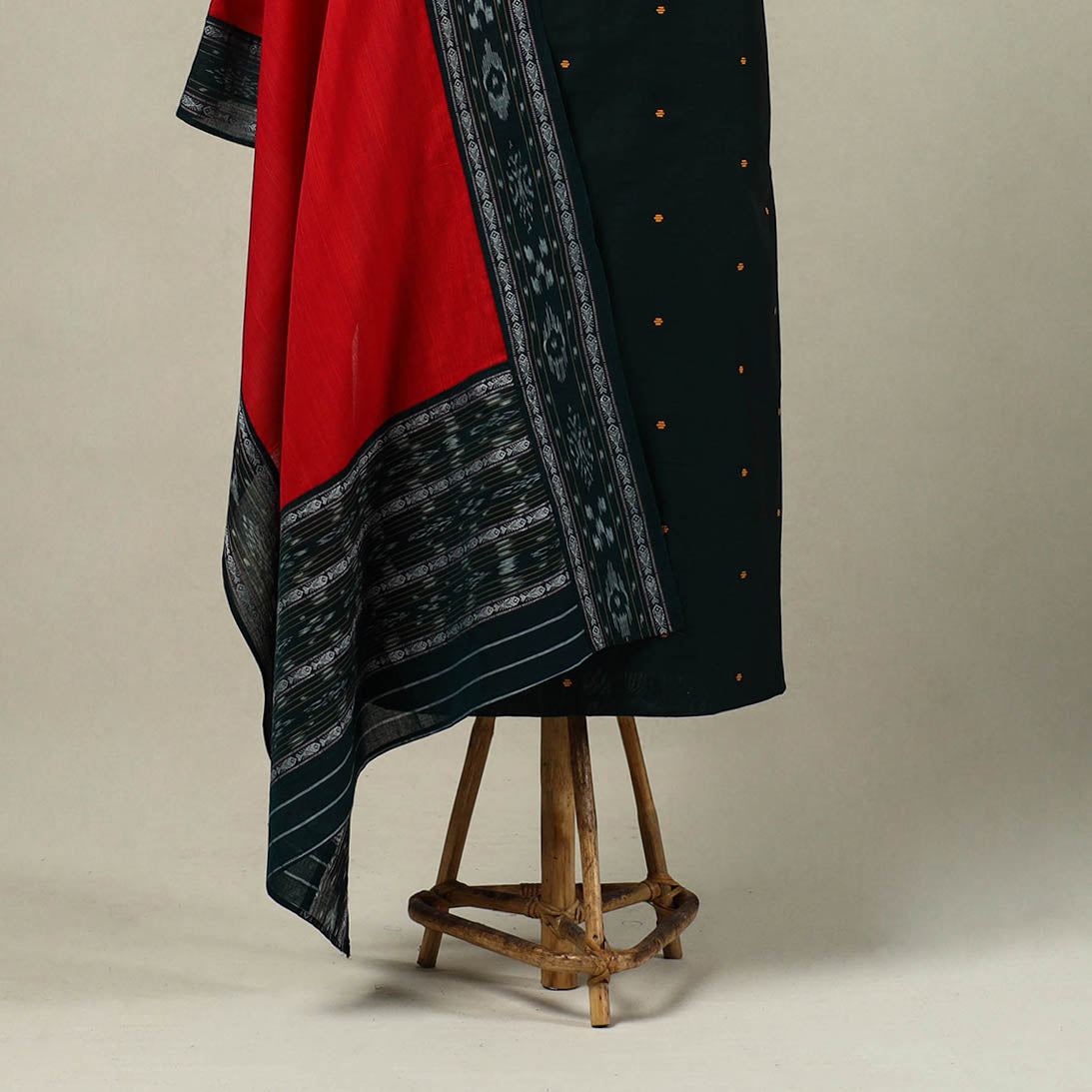 Green 3pc Embroidered Sambalpuri Dress Material with Jewellery Set