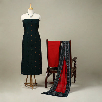 Green 3pc Embroidered Sambalpuri Dress Material with Jewellery Set