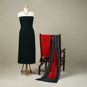 Green 3pc Embroidered Sambalpuri Dress Material with Jewellery Set