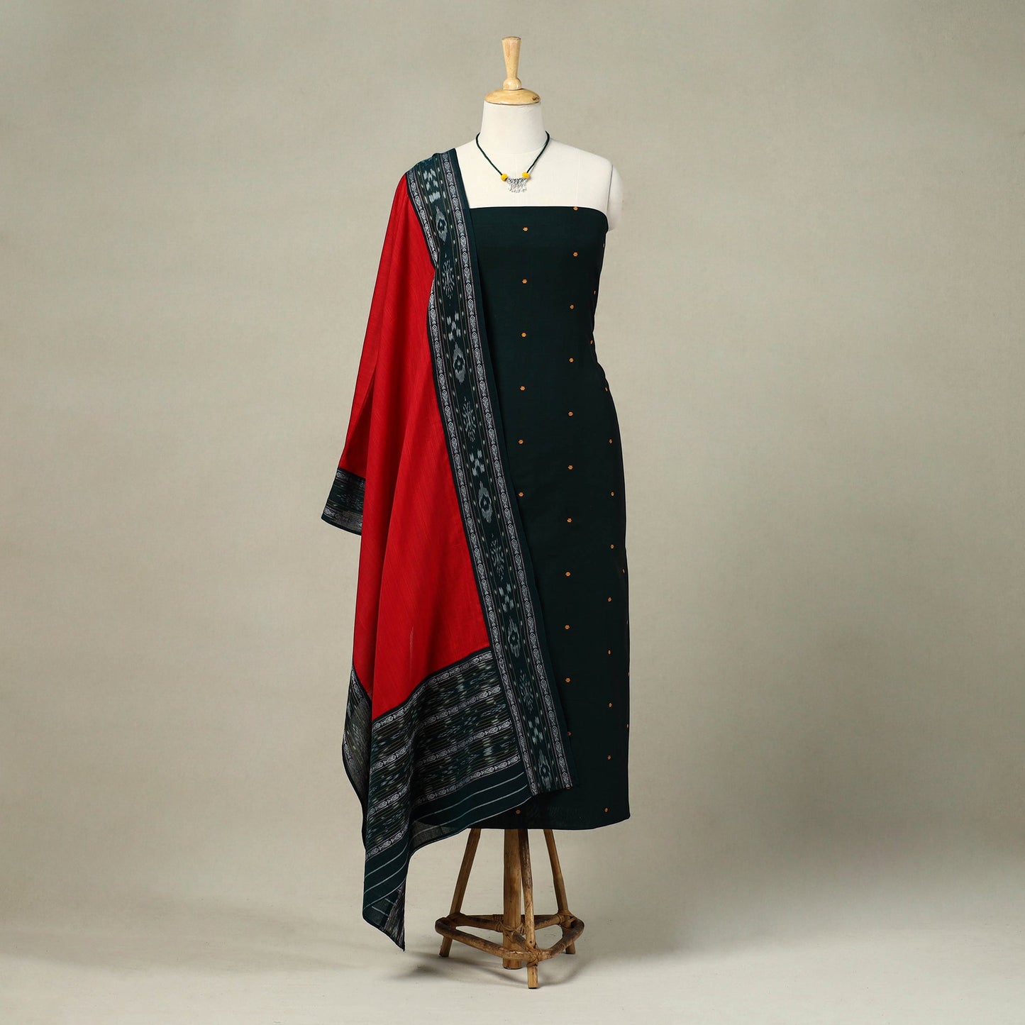 Green 3pc Embroidered Sambalpuri Dress Material with Jewellery Set