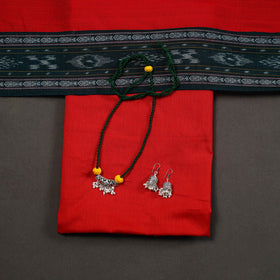 Green 3pc Embroidered Sambalpuri Dress Material with Jewellery Set