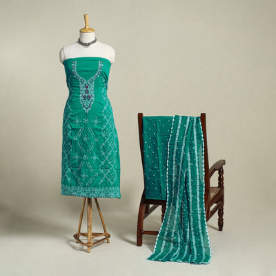 Green 3pc Embroidered Unstitched Kutch Bandhani Dress Material