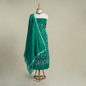 Green 3pc Embroidered Unstitched Kutch Bandhani Dress Material