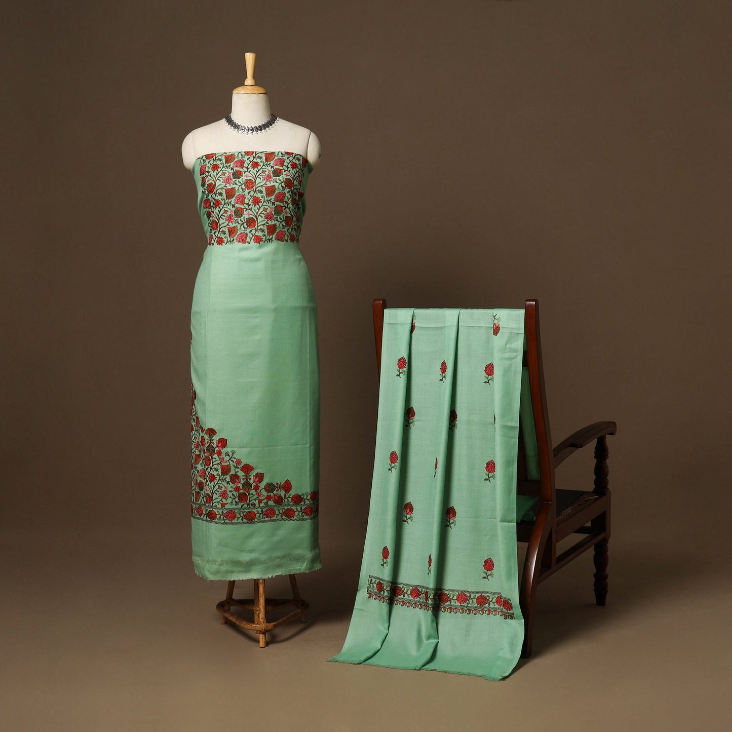 Green - 3pc hand embroidered work merino wool unstitched