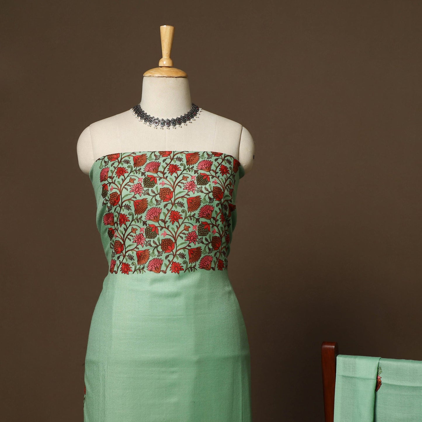 Green - 3pc hand embroidered work merino wool unstitched