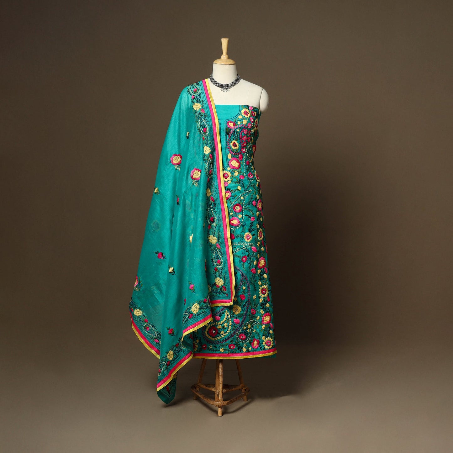 Green - 3pc hand embroidery chanderi silk unstitched
