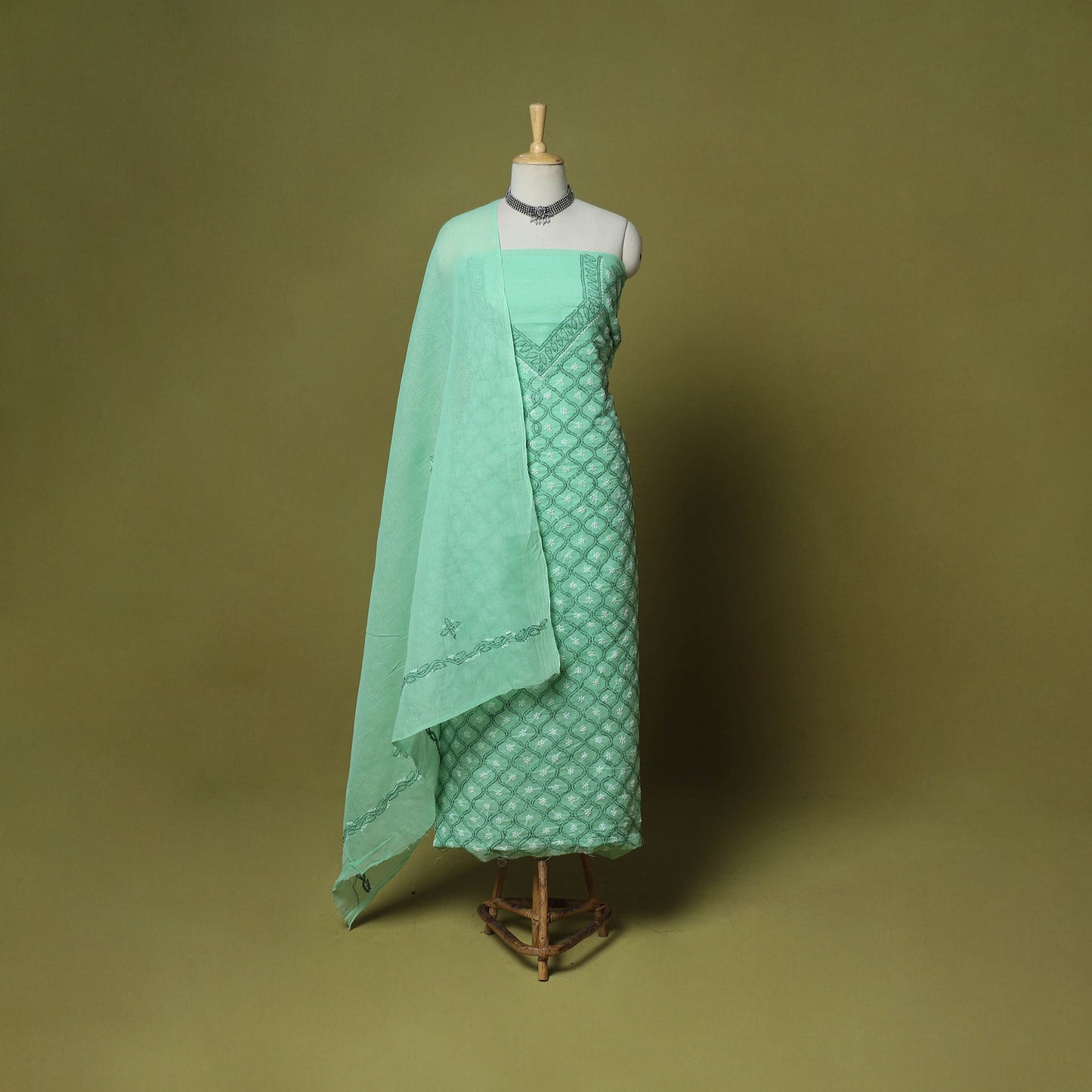 Green - 3pc hand embroidery cotton lucknow chikankari dress