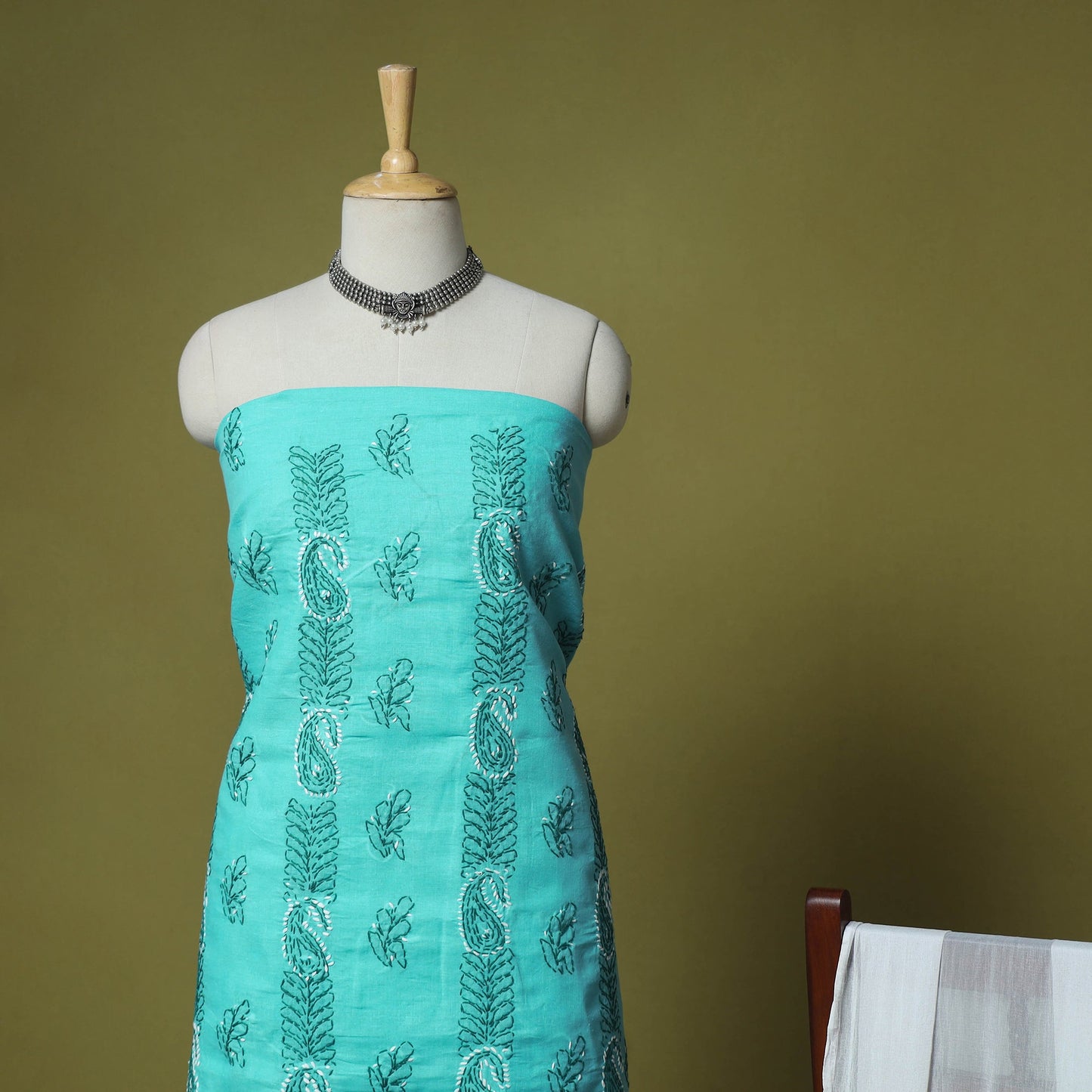 Green - 3pc hand embroidery cotton lucknow chikankari dress