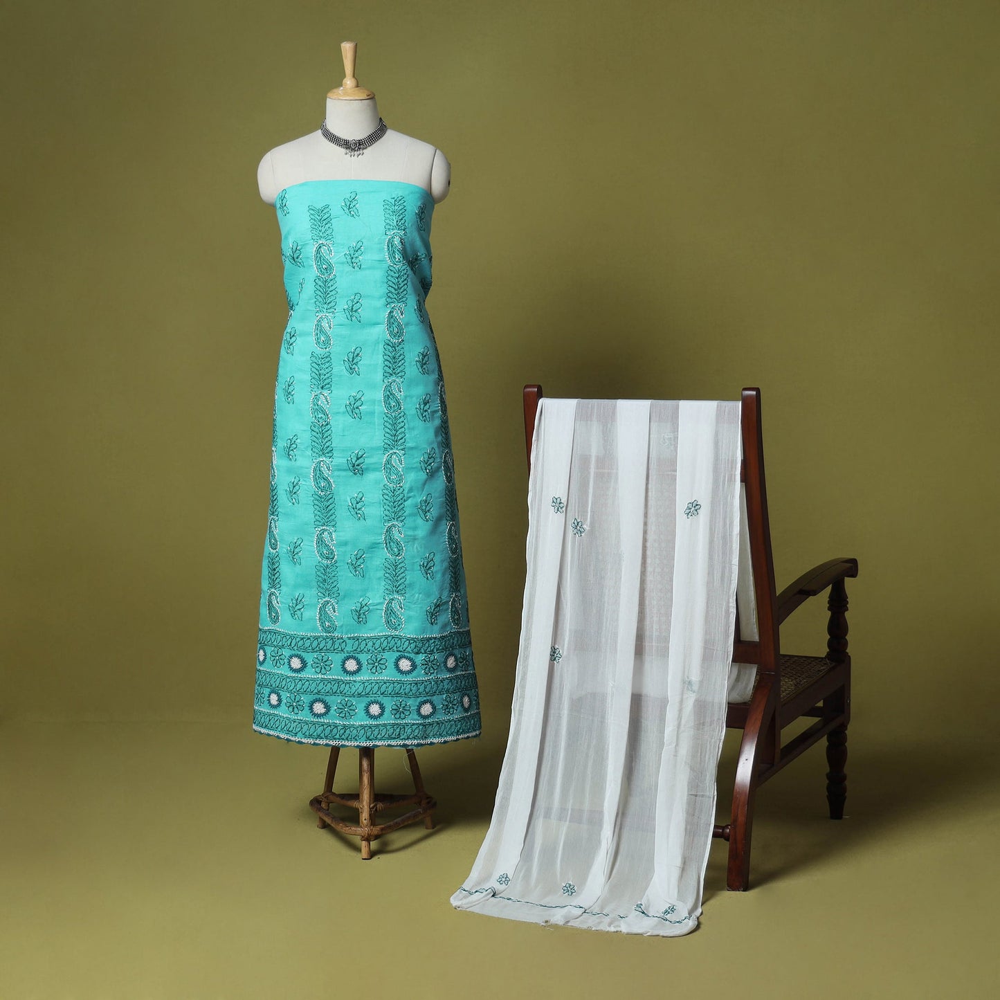 Green - 3pc hand embroidery cotton lucknow chikankari dress