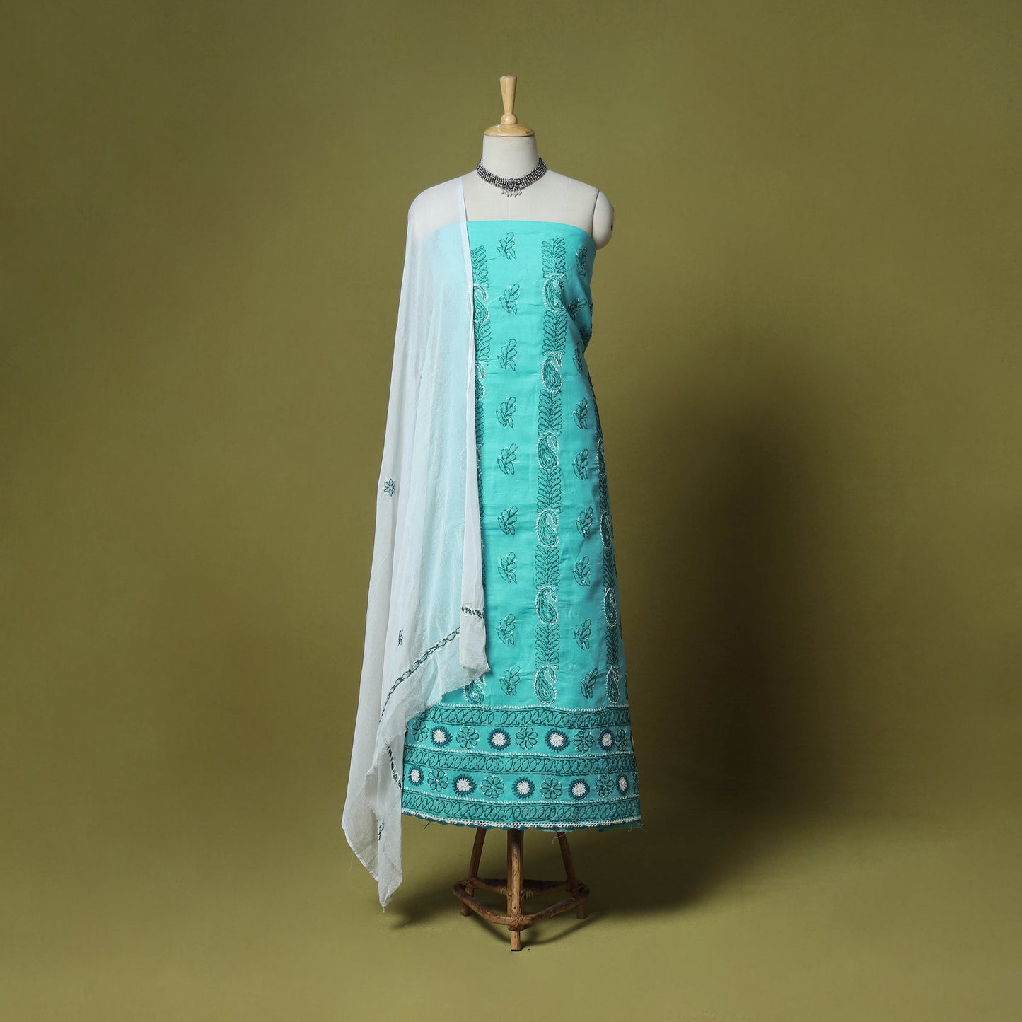 Green - 3pc hand embroidery cotton lucknow chikankari dress