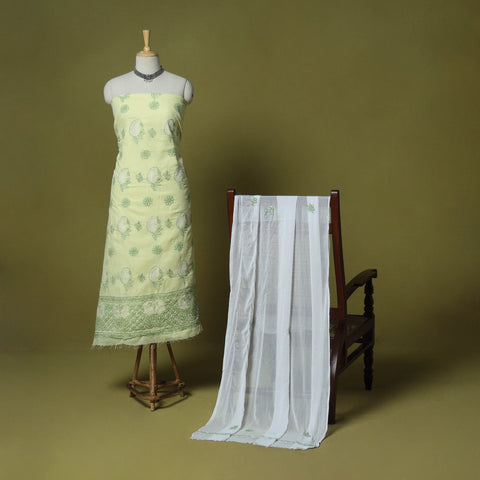 Green - 3pc hand embroidery cotton lucknow chikankari dress