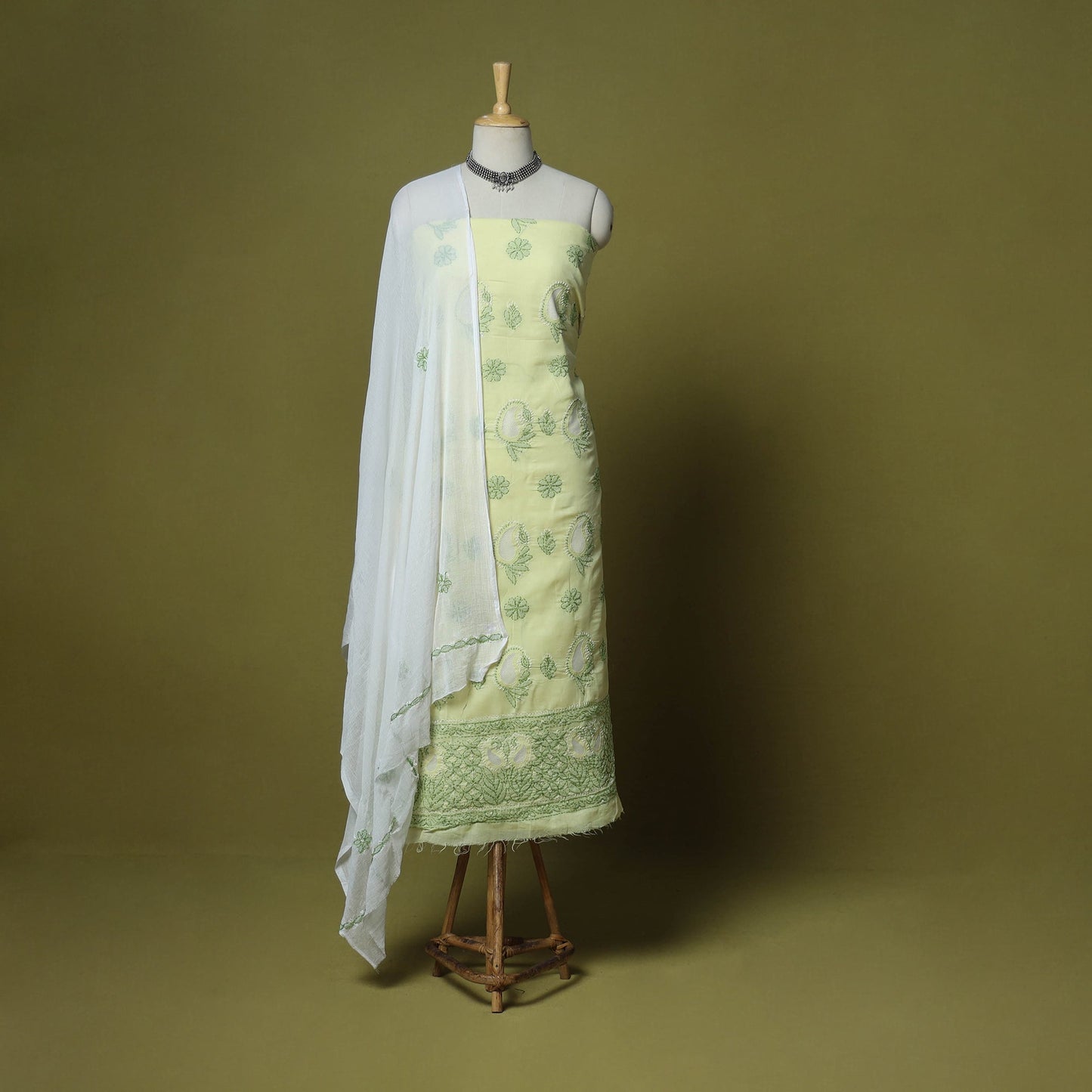 Green - 3pc hand embroidery cotton lucknow chikankari dress