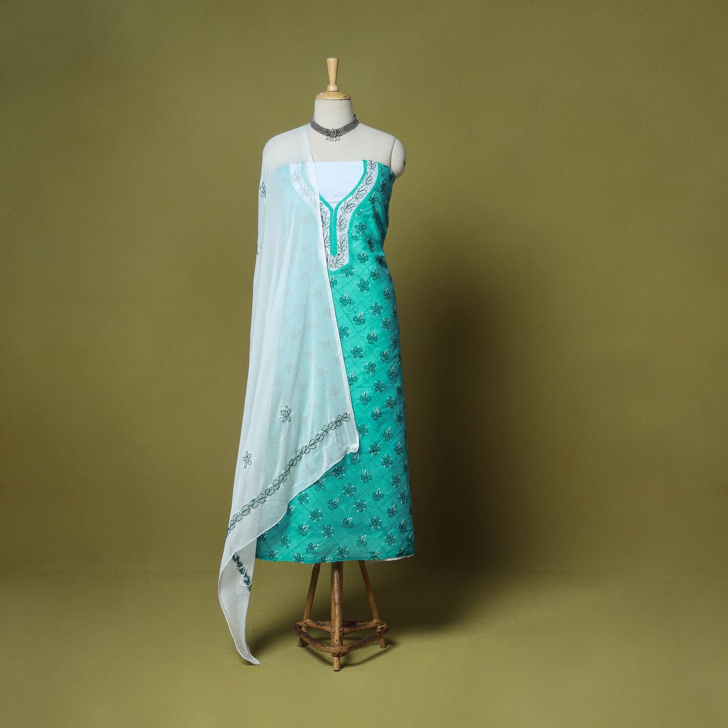 Green - 3pc hand embroidery cotton lucknow chikankari dress