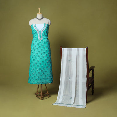 Green - 3pc hand embroidery cotton lucknow chikankari dress