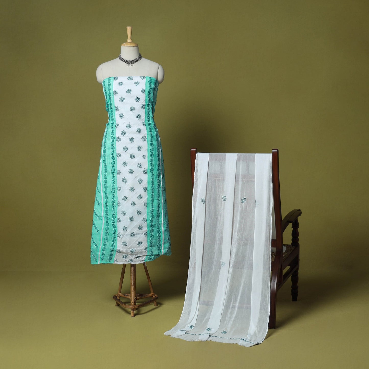 Green - 3pc hand embroidery cotton lucknow chikankari dress